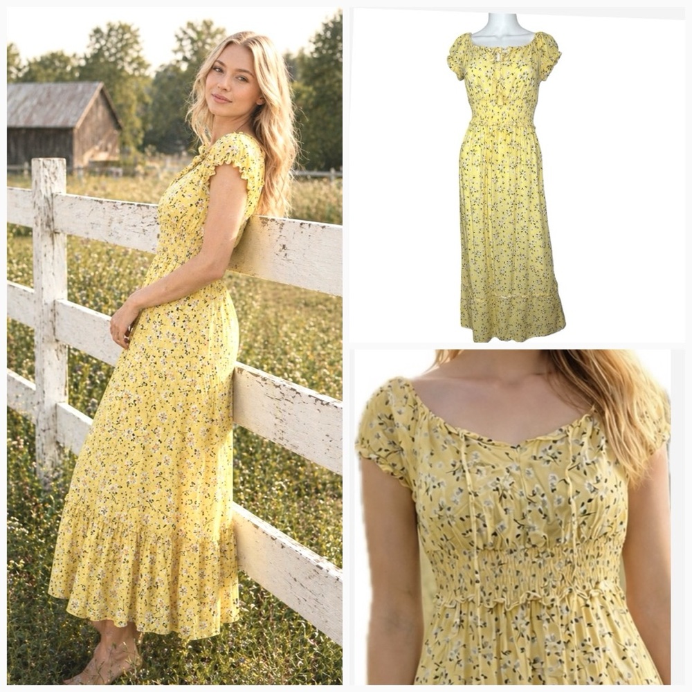 Women's Yellow Floral Prairie Milkmaid Smocked Puff Sleeve Tiered Dress S EUC!